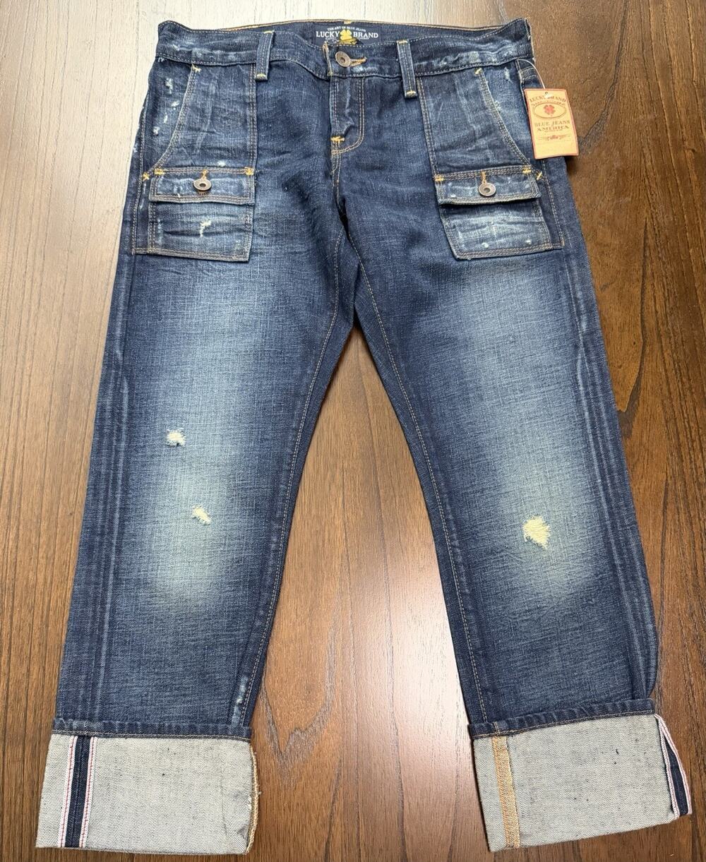 NEW Lucky Brand Jeans 00 / 24 Blue Porkchop Ankle Crop Distressed Pockets Capri
